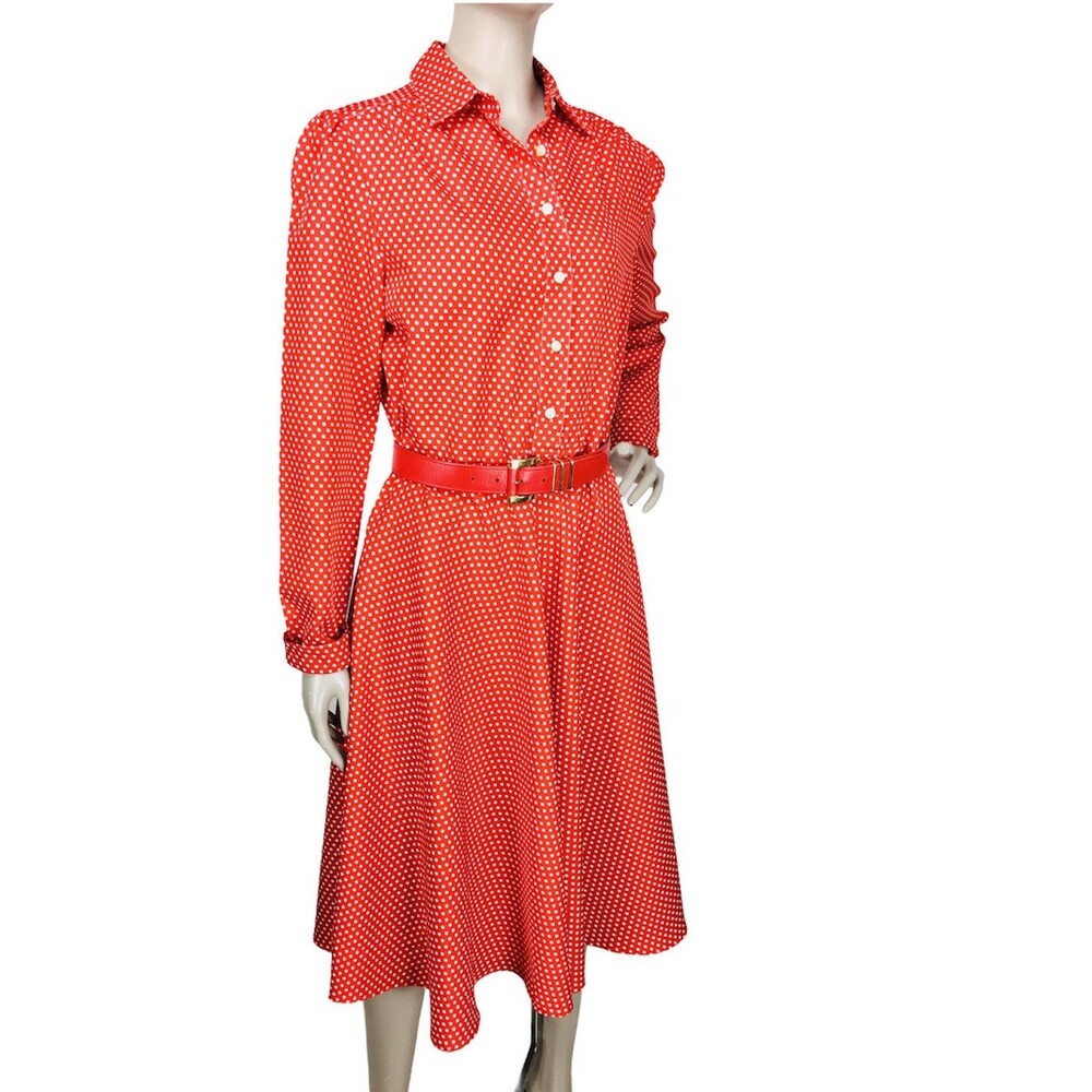 Vintage 70s Schrader Red Polka-Dot Midi Sheath High Shoulder Shirt Dress S/M/L